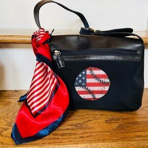 Navy blue leather and fabric Talbots purse with baseball appliqué medium sized